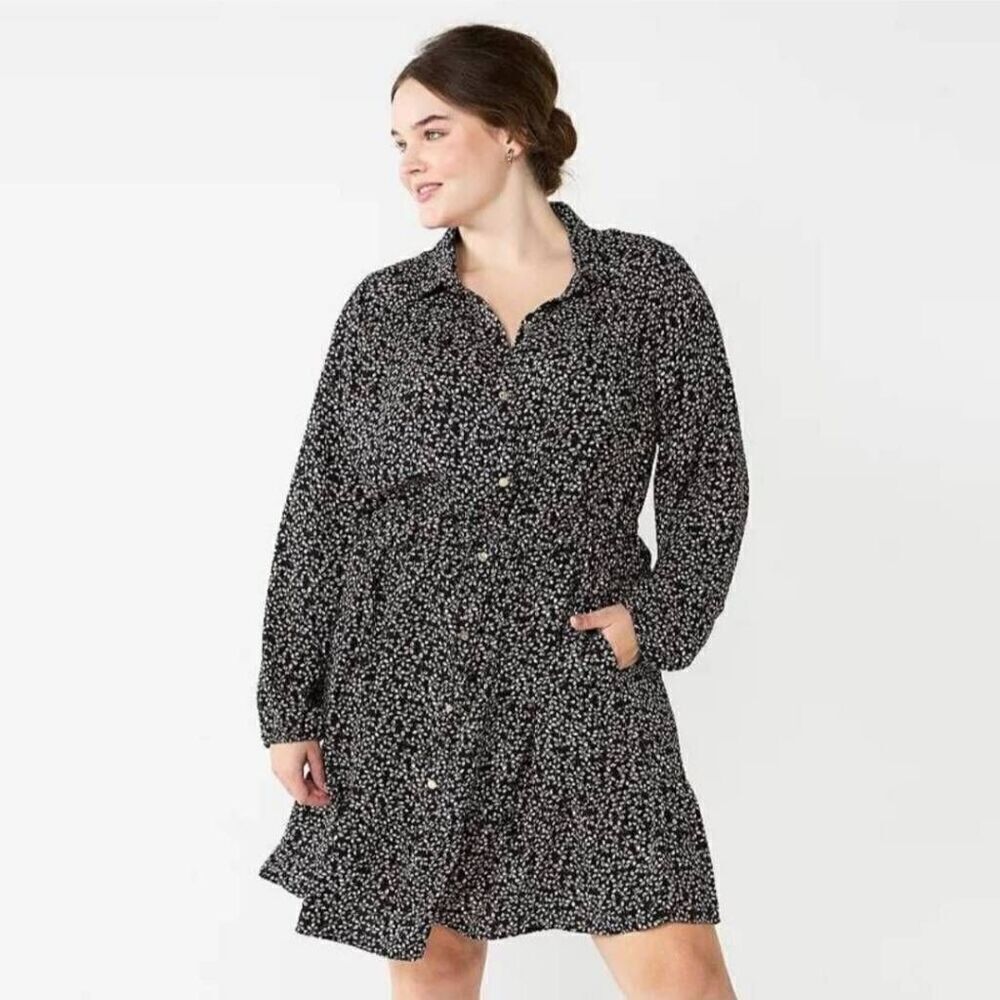 Draper James Womens Floral Button Up Shirt Dress Size Large Black Pockets Flowy